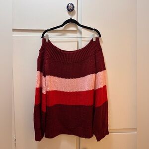 Forever 21 Off-Shoulder Striped Knit Sweater in Burgundy, Red & Light Pink